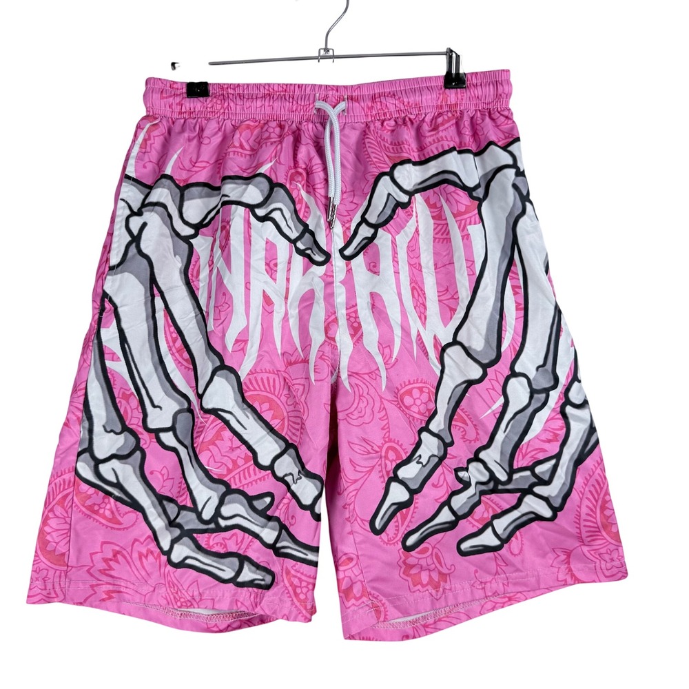 Romwe Paisley Skeleton Heart Shorts Mens M Pink Graphic Streetwear Goth Emo